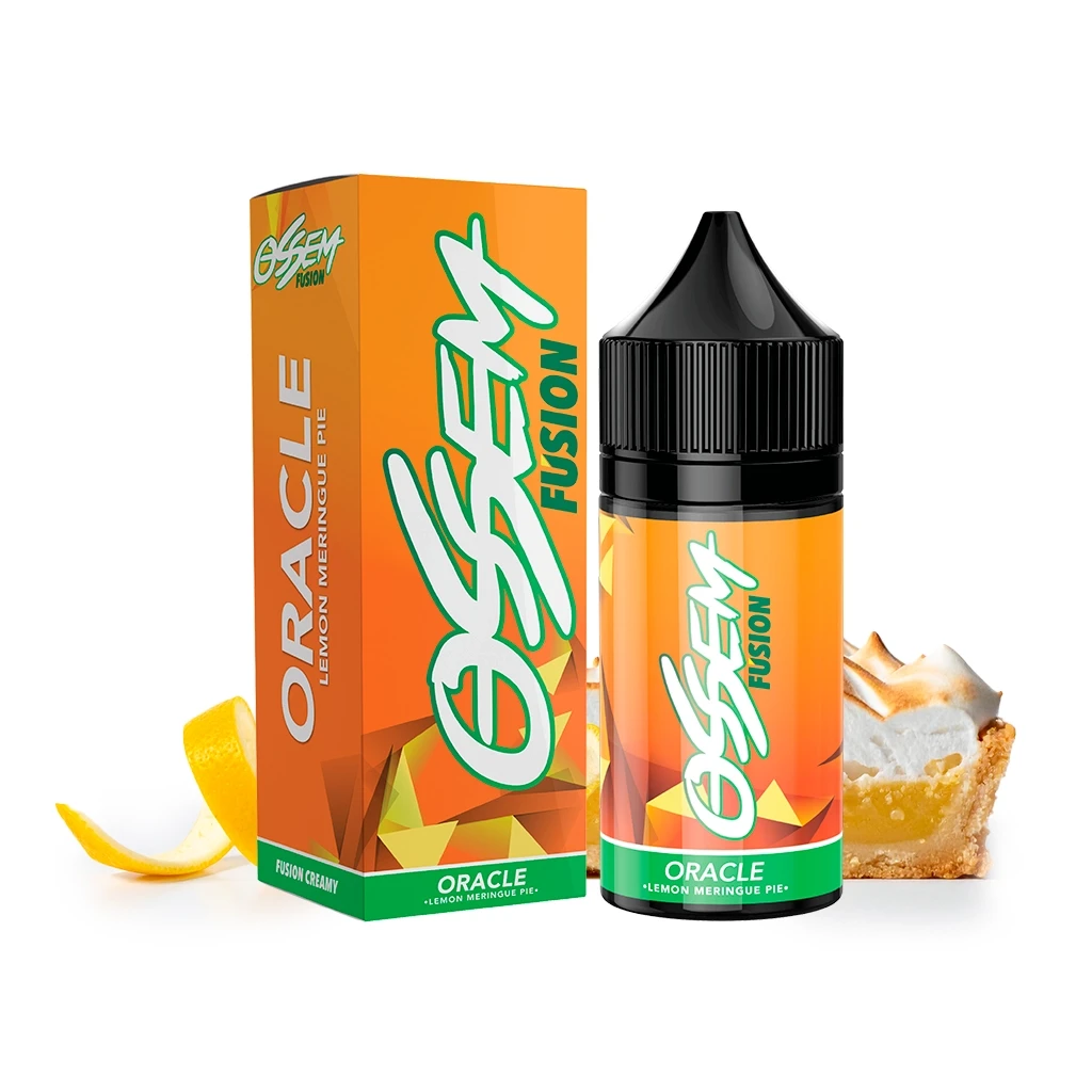 Aroma Ossem Oracle Lemon Meringue Pie en frasco con tapón negro y caja naranja, junto a piel de limón y una porción de tarta.