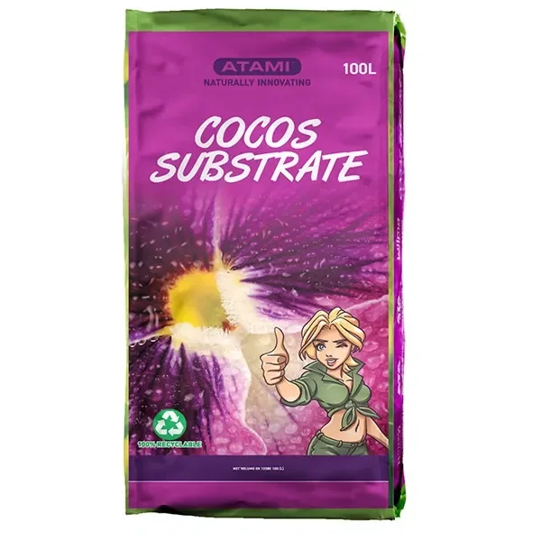 Saco de sustrato Atami Cocos Substrate de 100 L, con envase morado, bordes verdes y una figura ilustrada con el pulgar levantado. Saco de sustrato Atami Cocos Substrate de 100 L, con envase morado, bordes verdes y una figura ilustrada con el pulgar levantado.