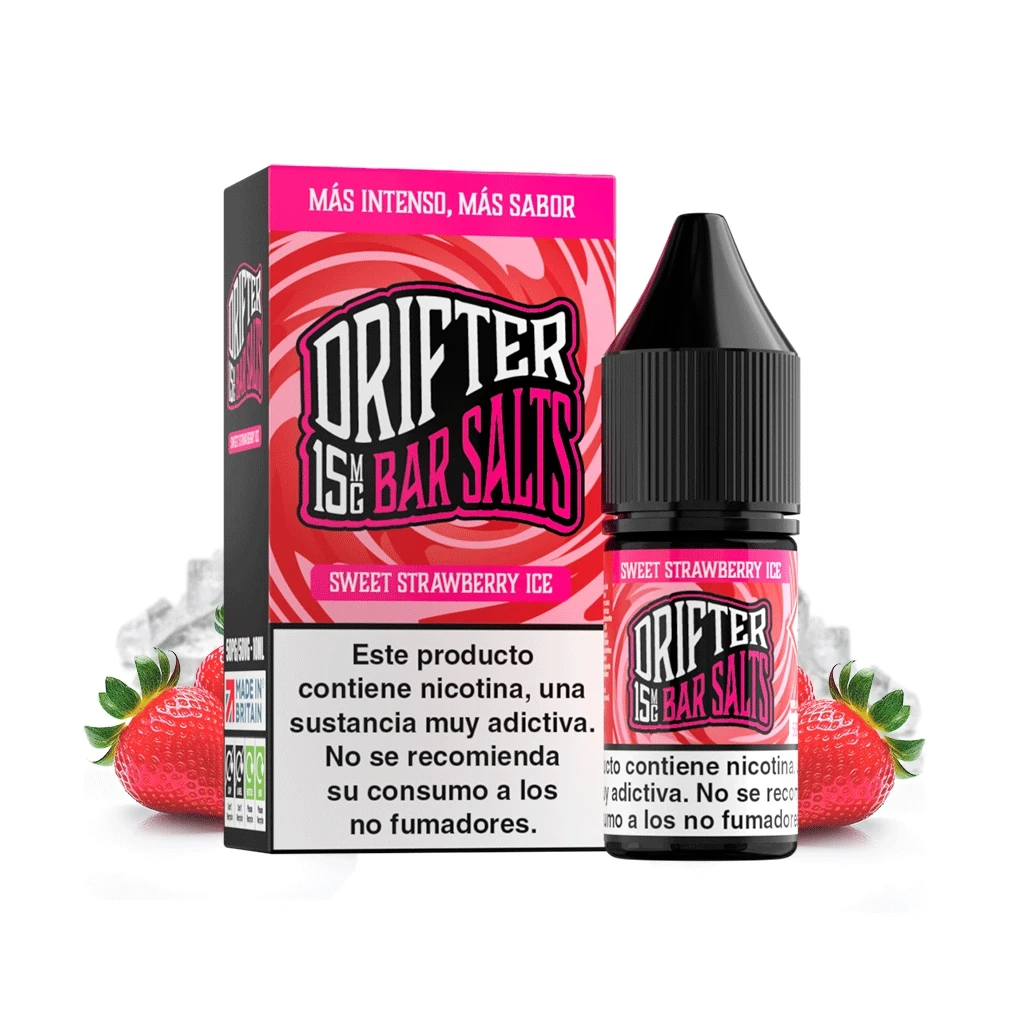Drifter Bar Salts Sweet Strawberry Ice en frasco y caja rosa, con advertencia sobre nicotina, fresas y cubitos de hielo alrededor.