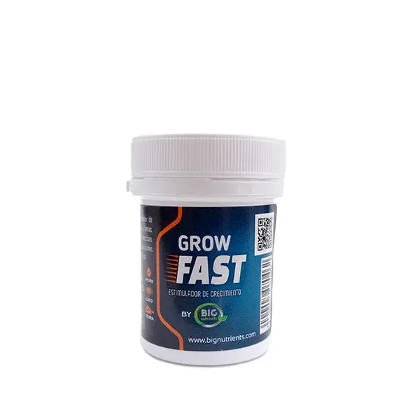 Bote blanco de Grow Fast Big Nutrients con tapa estriada y etiqueta azul oscura con letras blancas y detalles naranjas.