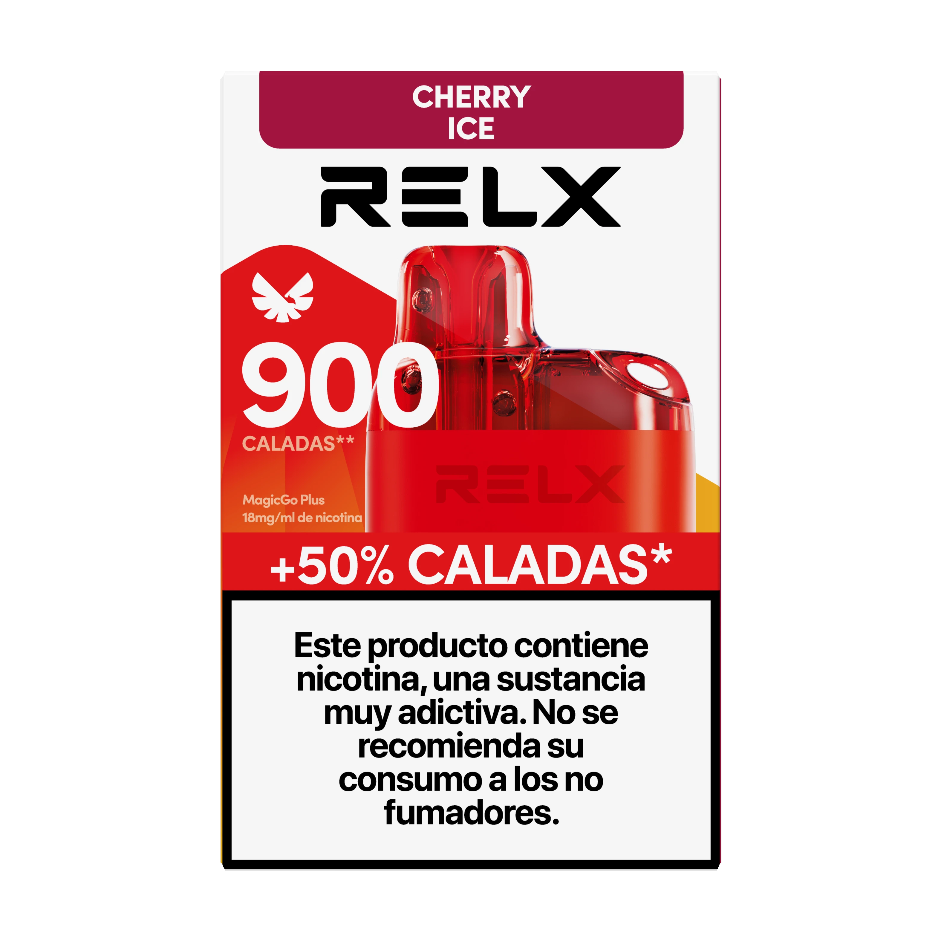 Envase de RELX MagicGo Plus Cherry Ice con dispositivo rojo, indicaciones de 900 caladas y 18 mg/ml y advertencia sobre la nicotina.
