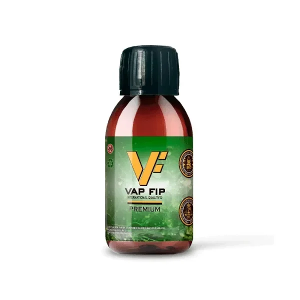 Frasco ámbar de base de propilenglicol Vap Fip con tapón negro estriado y etiqueta verde con el logotipo amarillo y la palabra Premium.