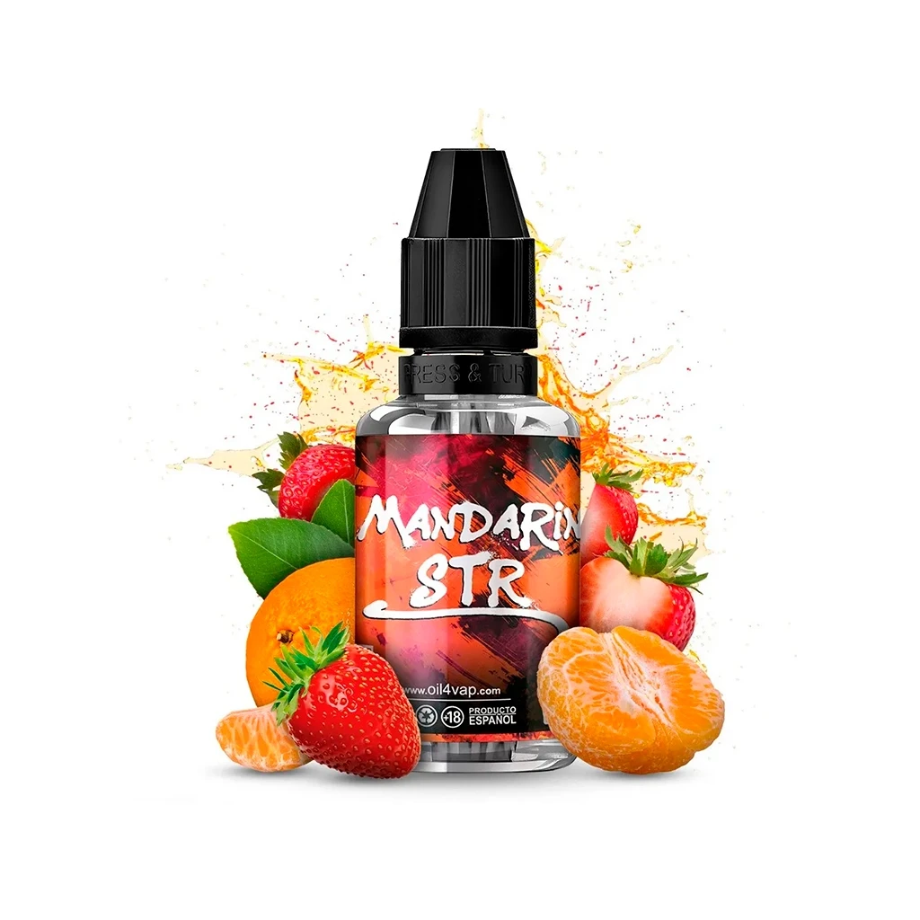 Frasco Oil4vap Mandarin STR con tapón negro, rodeado de fresas, mandarinas y salpicaduras amarillas y anaranjadas sobre fondo blanco.
