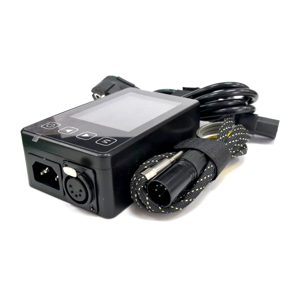 Controlador negro del e-nail Dab Easy con pantalla, botones y conexiones frontales, acompañado de cables y una pieza calefactora.