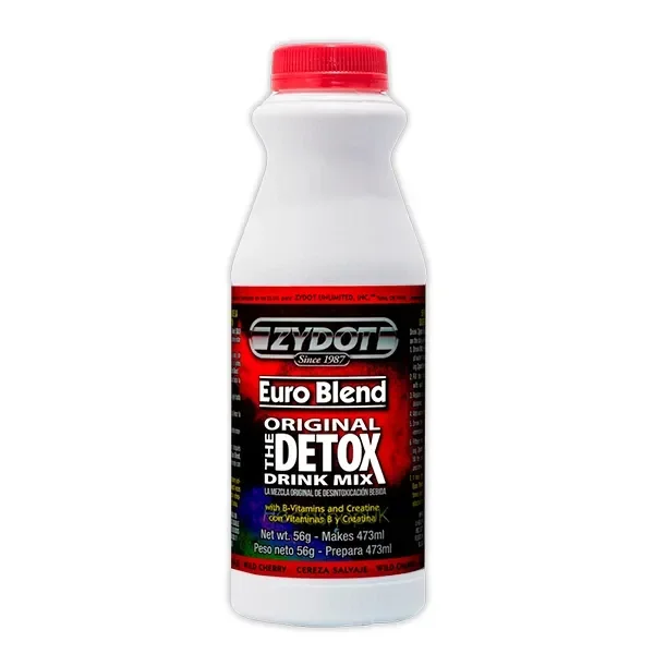 Botella blanca de Zydot Euro Blend Cereza Salvaje con tapón rojo y etiqueta negra y roja que indica «Original Detox Drink Mix».