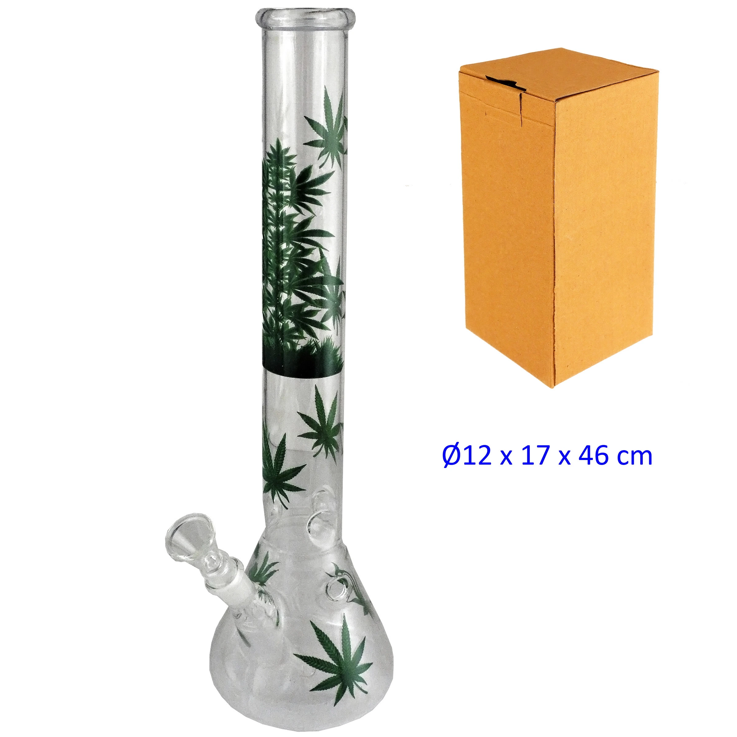 Bong transparente de cuello largo y base abombada, decorado con hojas verdes, con cazoleta lateral y caja marrón al lado.