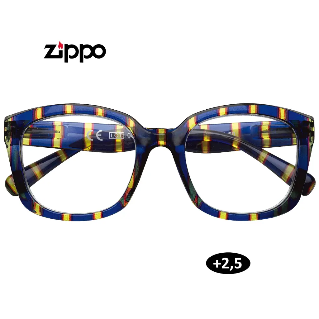 Gafas de lectura Zippo de frente, con montura azul de franjas amarillas y rojas, lentes rectangulares redondeadas y graduación +2,50.