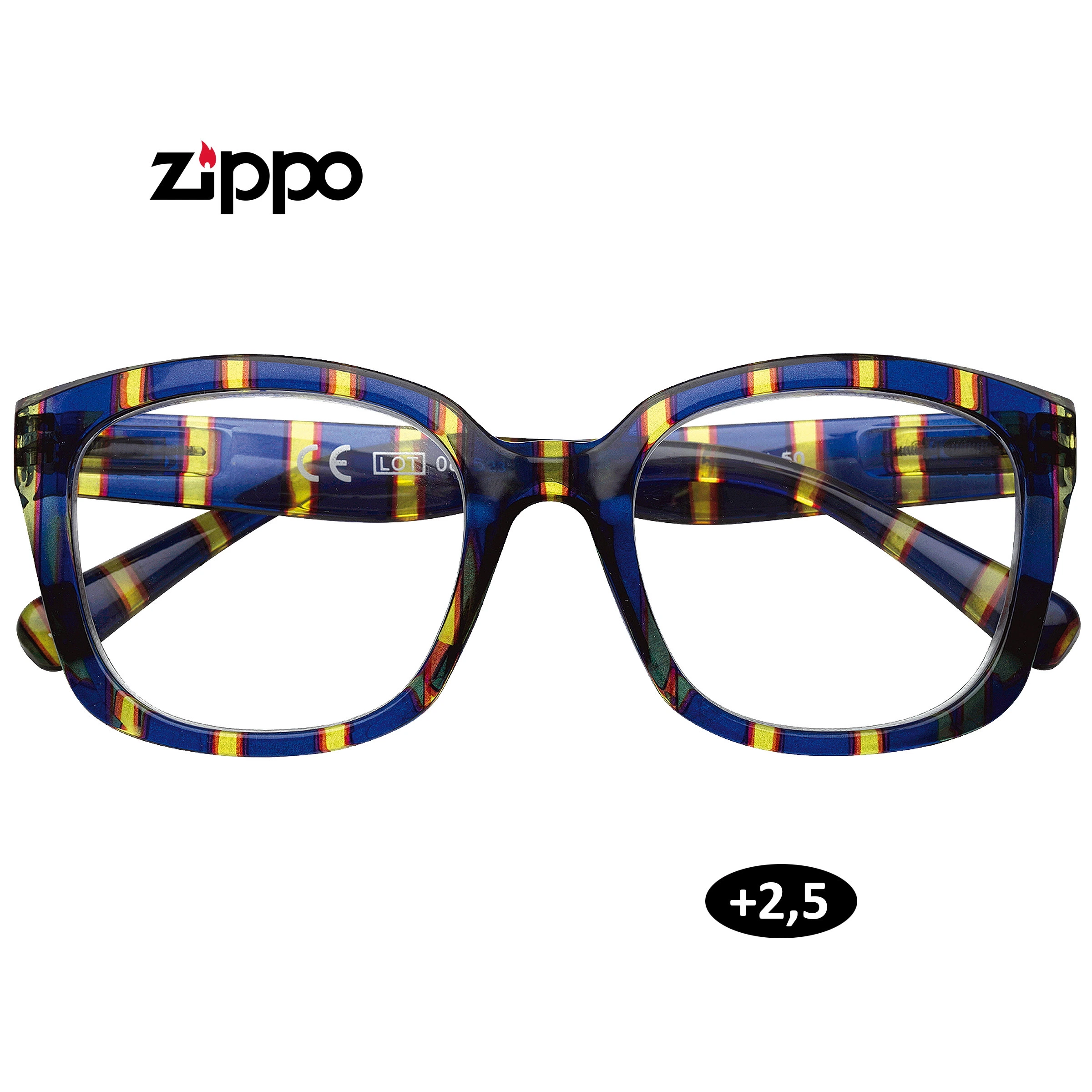 Gafas de lectura Zippo de frente, con montura azul de franjas amarillas y rojas, lentes rectangulares redondeadas y graduación +2,50.