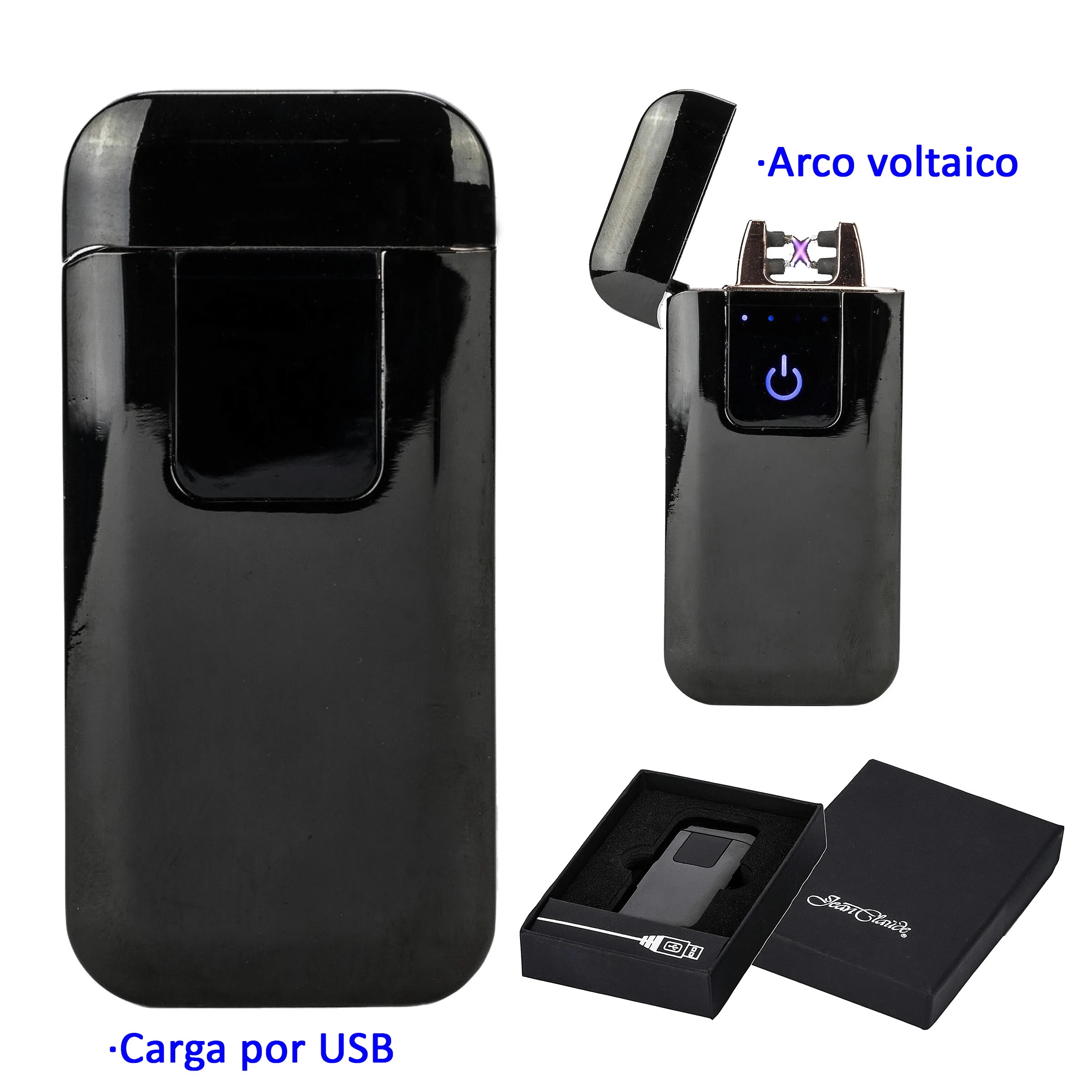 Encendedor negro cerrado y abierto con arco eléctrico violeta, botón iluminado y caja de presentación; texto de carga por USB.