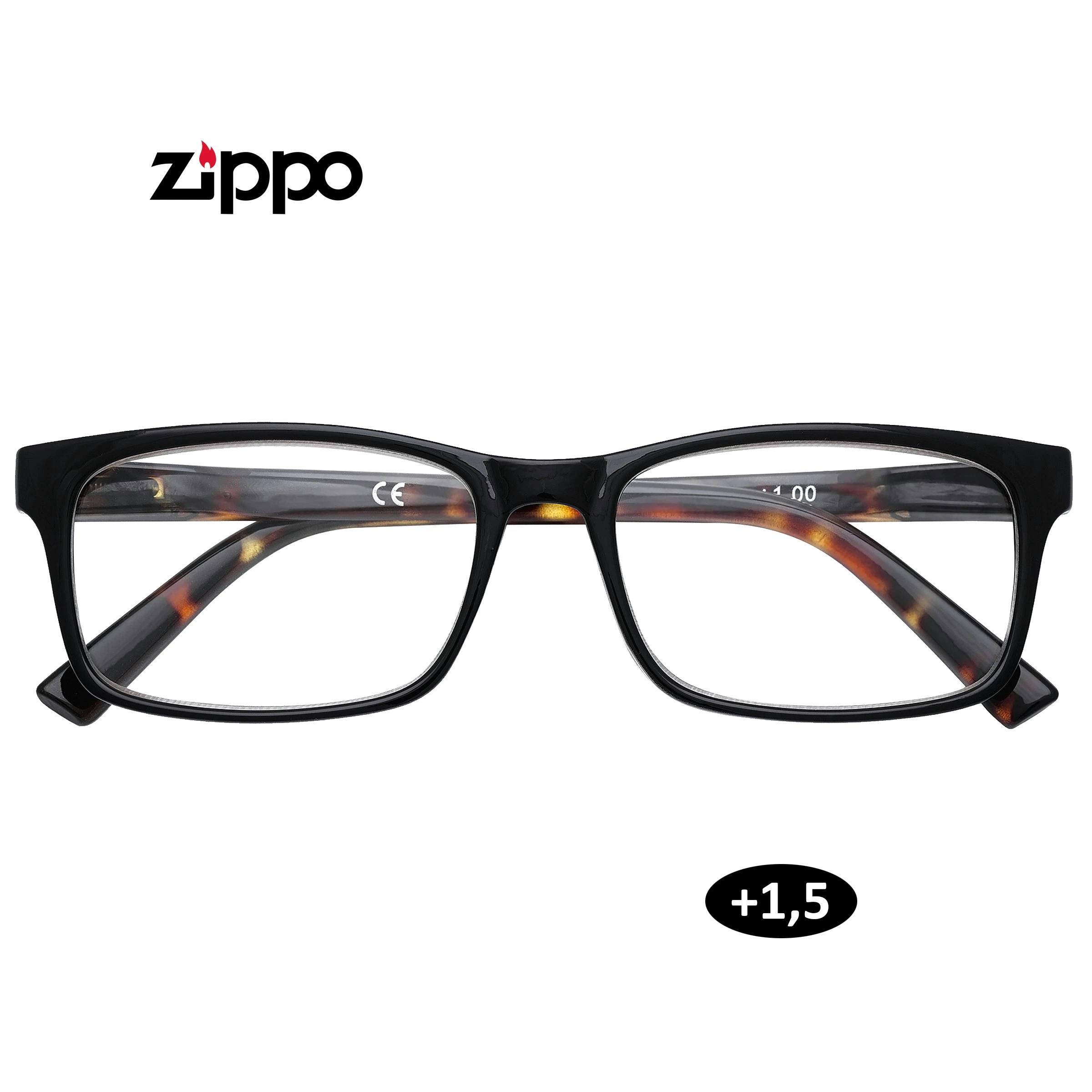 Gafas de lectura Zippo +1,50 vistas de frente, con montura negra rectangular y patillas con manchas marrones y ámbar.
