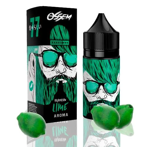 Frasco y caja de Ossem Brazilian Lime Aroma con ilustración de un hombre barbudo con gafas verdes y limas alrededor.