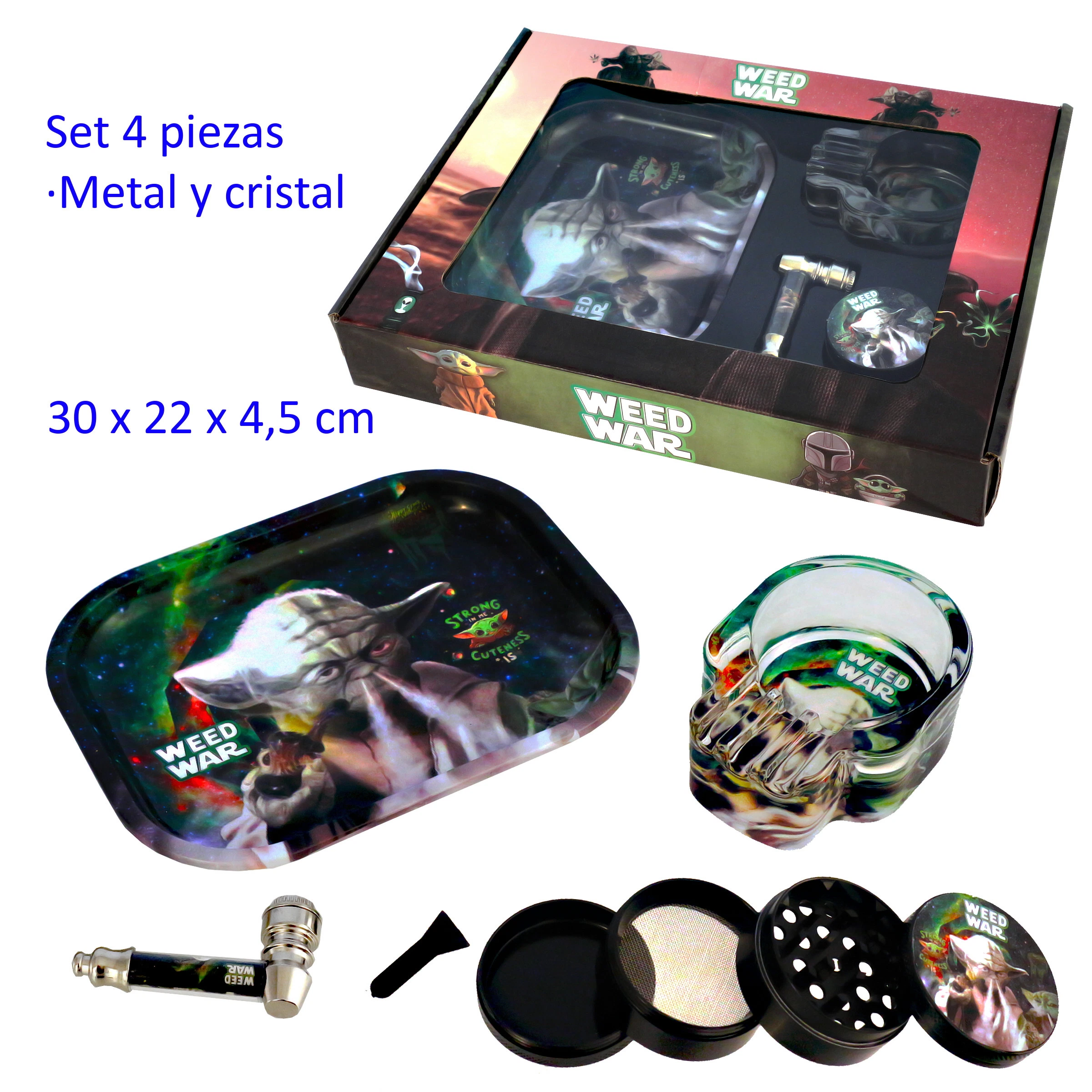 Set Weed War con caja, bandeja ilustrada con un personaje de orejas puntiagudas, cenicero transparente, pipa y grinder abierto. Set Weed War con caja, bandeja ilustrada con un personaje de orejas puntiagudas, cenicero transparente, pipa y grinder abierto.