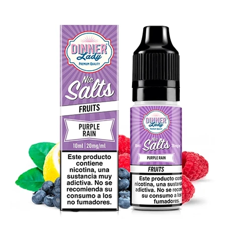 Frasco y caja morados de Dinner Lady Purple Rain Nic Salt, con advertencia de nicotina, rodeados de frutos y hojas verdes.