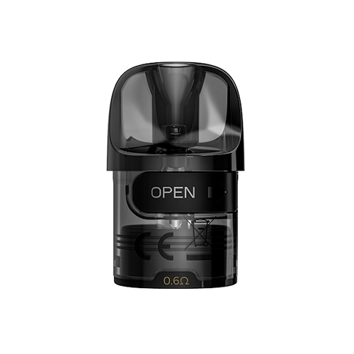 Pod de recambio Lost Vape E Plus negro translúcido, con boquilla redondeada y las inscripciones «OPEN» y «0.6 Ω».