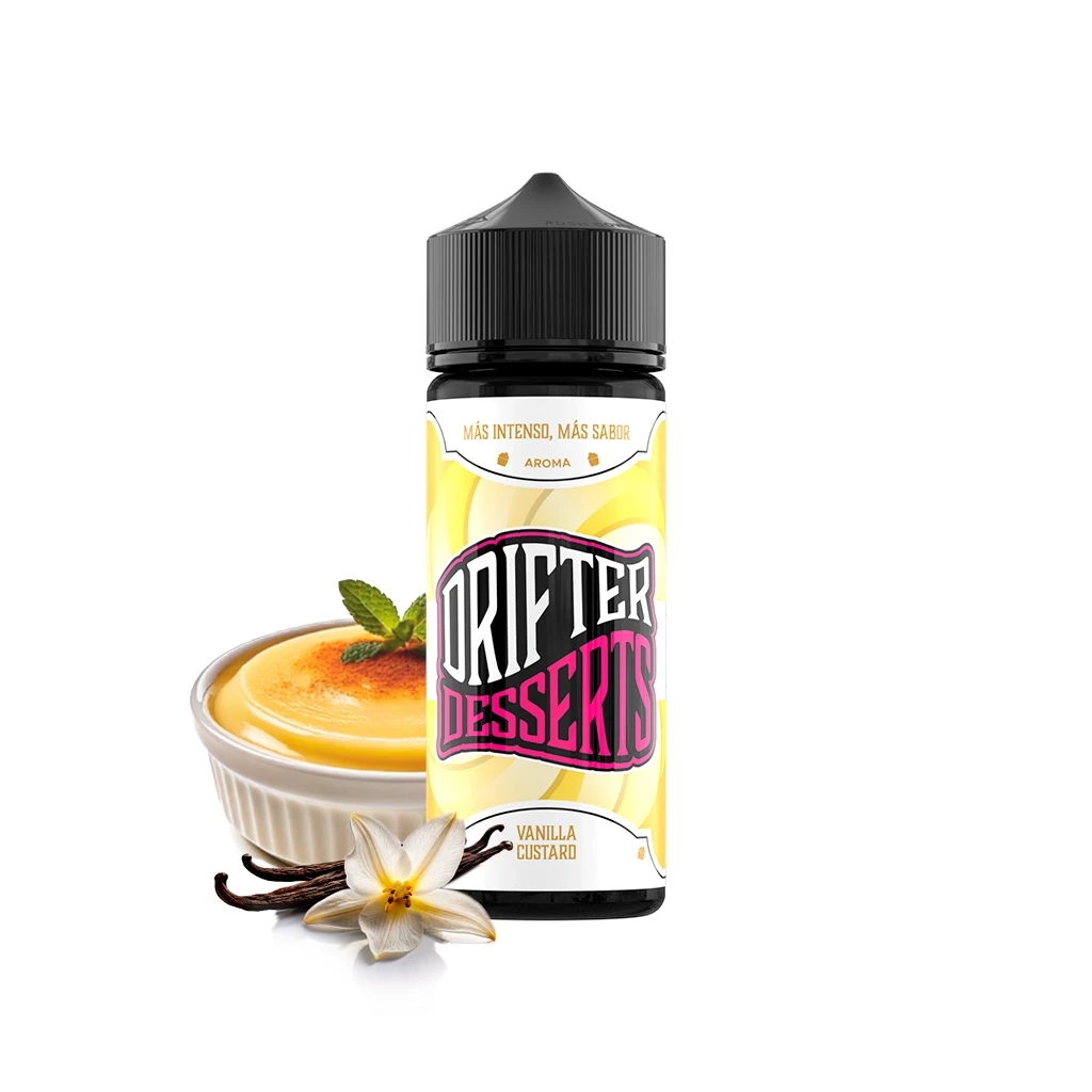 Frasco Drifter Desserts Vanilla Custard con tapón negro y etiqueta amarilla, junto a un cuenco de crema, una flor y vainas de vainilla.