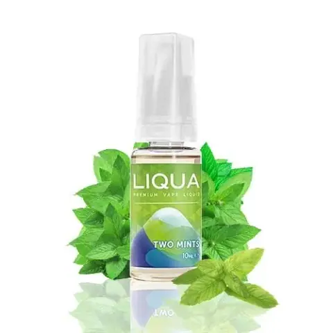 Frasco de e-líquido Liqua Two Mints de 10 ml con tapón transparente y etiqueta verde, rodeado de hojas de menta.