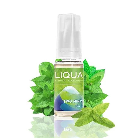 Frasco de e-líquido Liqua Two Mints de 10 ml con tapón transparente y etiqueta verde, rodeado de hojas de menta.