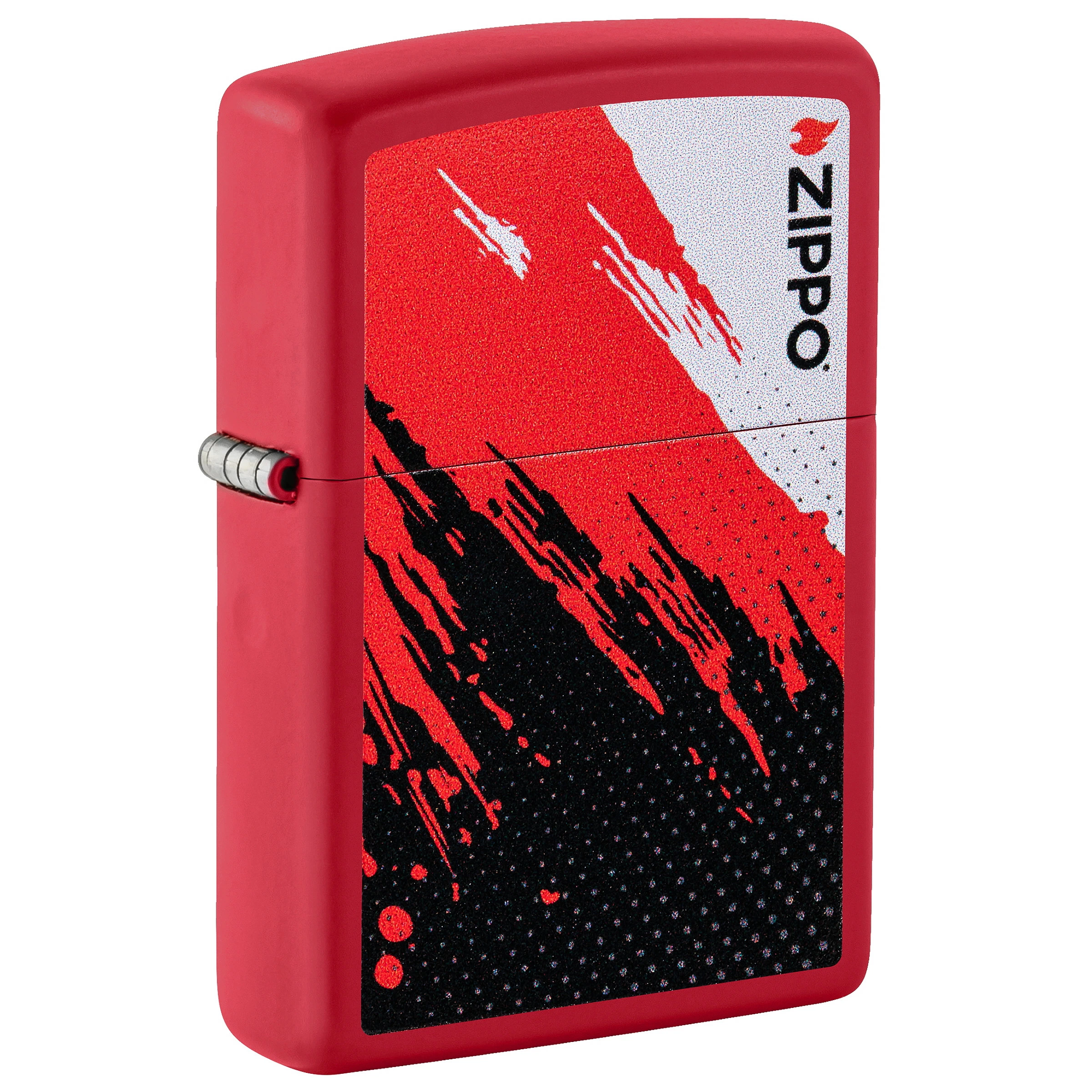 Encendedor Zippo rojo cerrado, visto en perspectiva, con diseño abstracto negro, rojo y blanco y logotipo vertical.