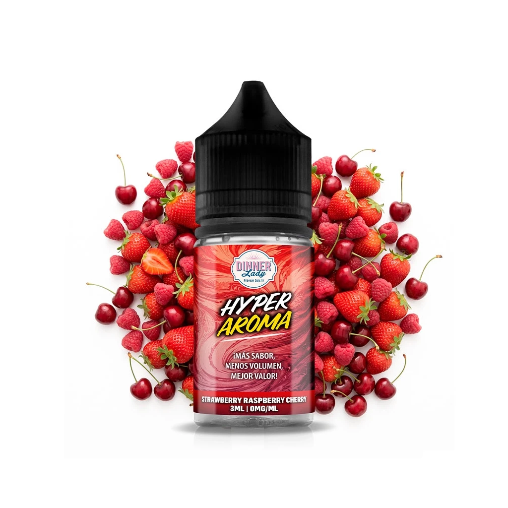 Frasco Dinner Lady Hyper Strawberry Raspberry Cherry con tapón negro y etiqueta roja, rodeado de fresas, frambuesas y cerezas.