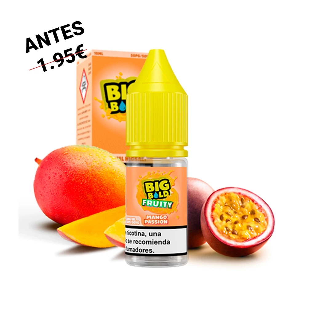 Frasco Big Bold Salts Mango Passion con tapón amarillo, caja naranja detrás y mango y maracuyá alrededor sobre fondo blanco.
