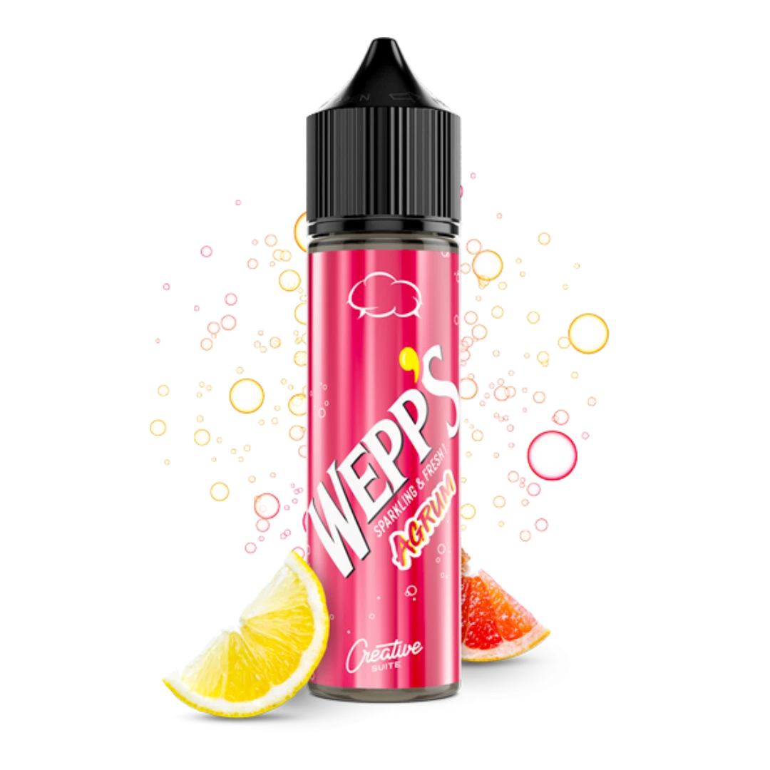 Frasco Creative Suite Wepp's Agrum con etiqueta rosa y tapón negro, rodeado de burbujas y gajos de cítricos sobre fondo negro.