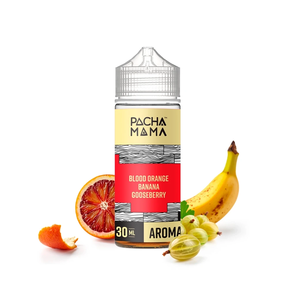 Frasco Pachamama Blood Orange Banana Gooseberry con etiqueta de 30 ml, rodeado de naranja sanguina, plátano y grosellas verdes.