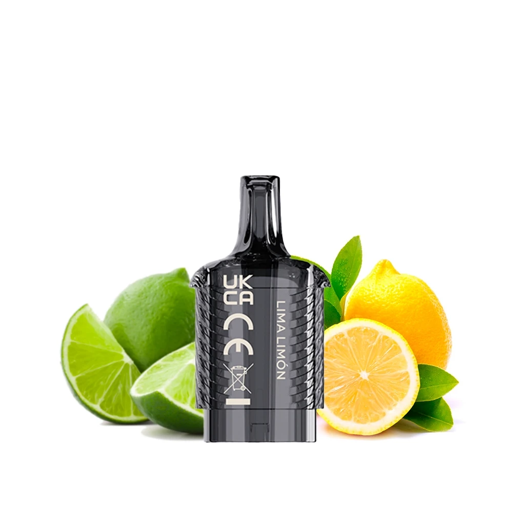 Pod negro Vozol Vista Plug Lemon Lime con boquilla alargada y texto «Lima Limón», delante de limas y limones enteros y cortados.