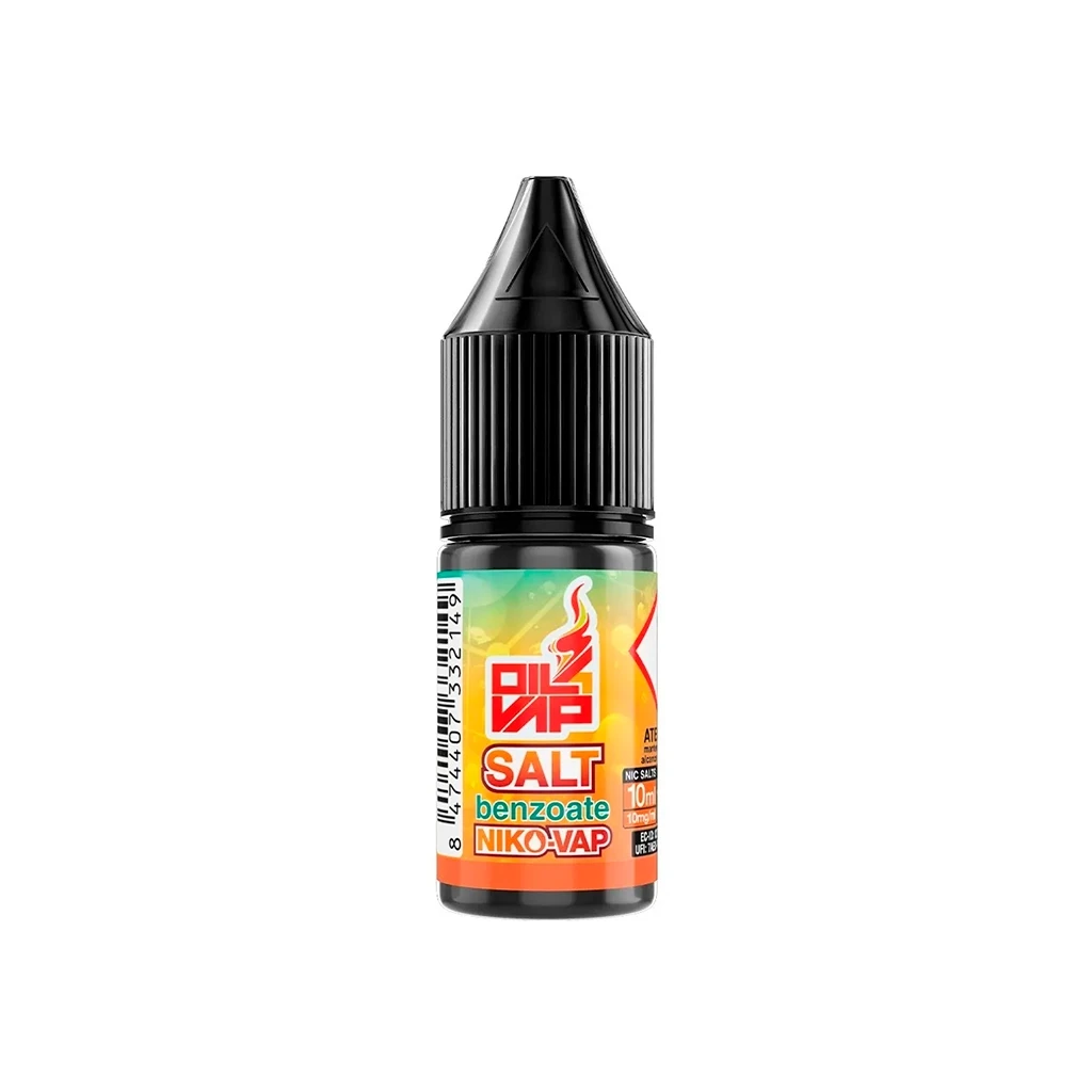 Frasco de Oil4Vap Niko Vap Benzoato con tapón negro estriado y etiqueta multicolor con el texto «SALT benzoate», sobre fondo blanco.