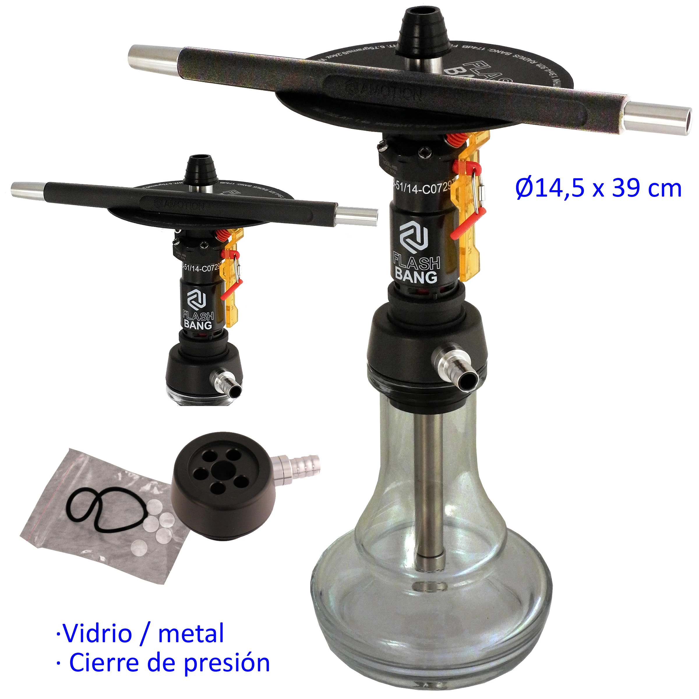 Shisha Flash Bang negra con base transparente, tubo central metálico y barra superior, junto a una vista sin base y accesorios.