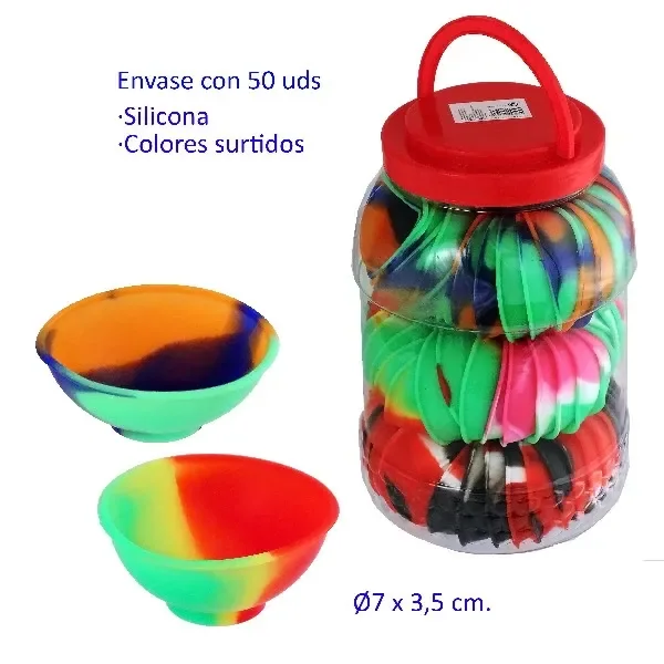 Bote transparente con tapa roja y asa, lleno de cuencos de silicona multicolor, con varios cuencos fuera y texto «Envase con 50 uds».