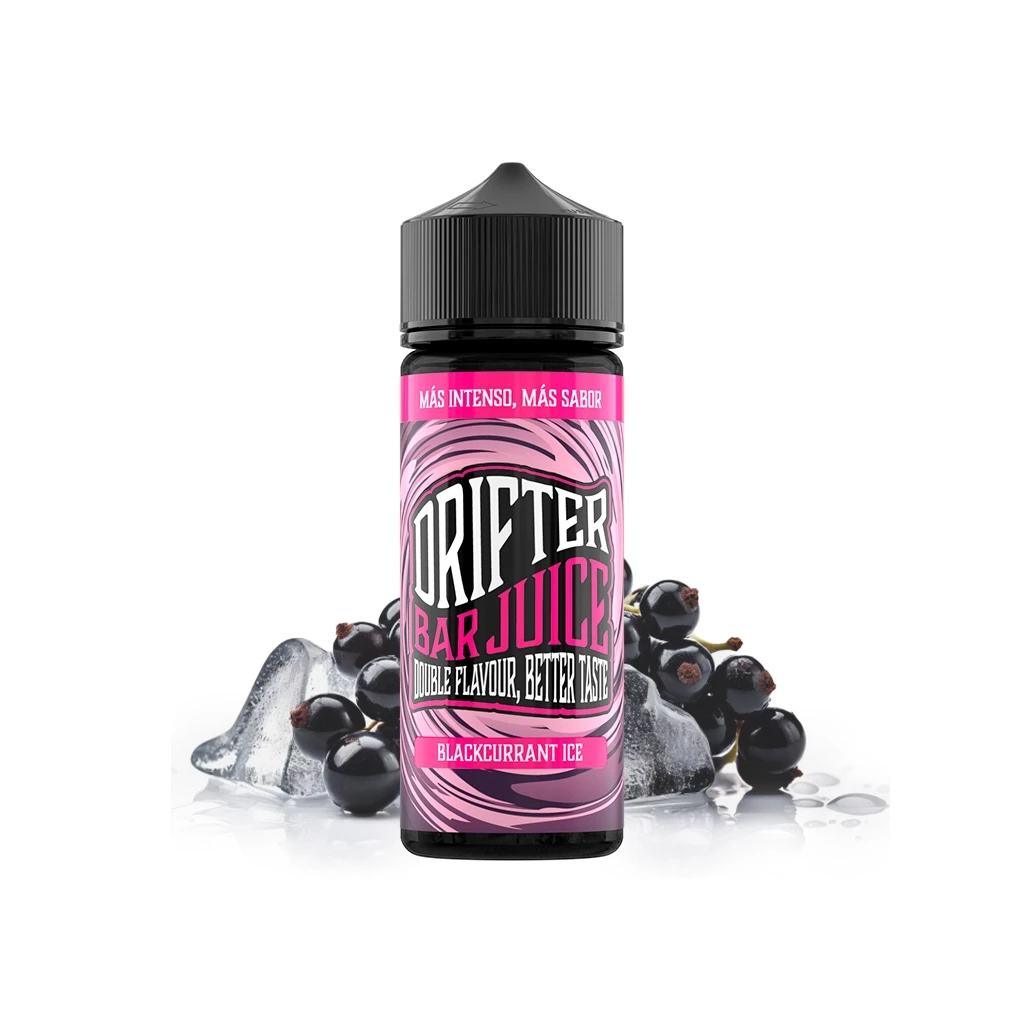 Botella Drifter Bar Juice Blackcurrant Ice con etiqueta rosa y tapón negro, rodeada de grosellas negras y cubitos de hielo.