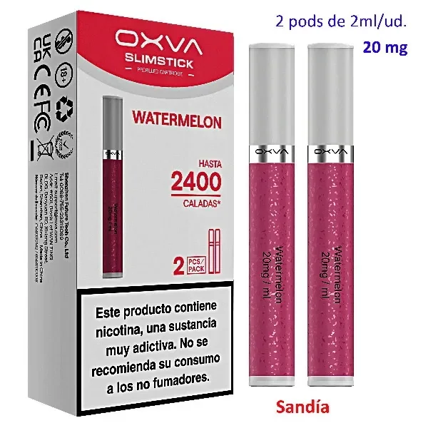 Pods OXVA SlimStick Watermelon de 20 mg/ml, con cuerpo rosa y tapa gris, junto a su caja con advertencia sobre nicotina.