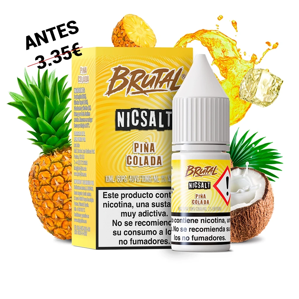 Frasco de sales de nicotina Brutal Piña Colada con tapón blanco y caja amarilla, rodeado de piña, coco y una salpicadura amarilla.