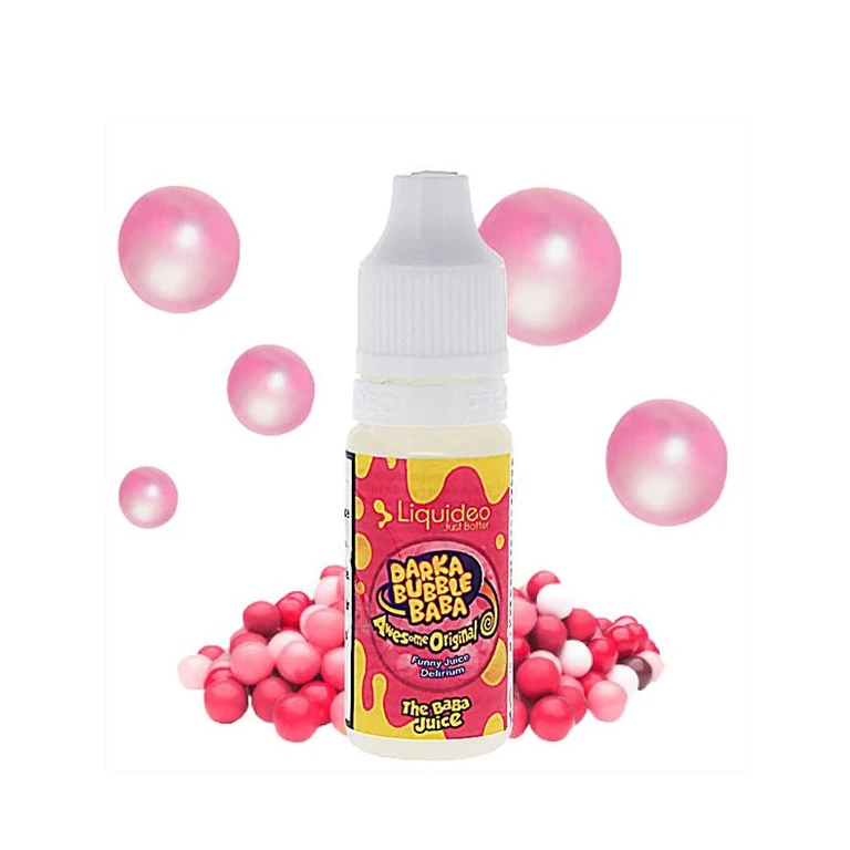 Frasco de e-líquido Darka Bubble Baba con tapón blanco y etiqueta rosa y amarilla, rodeado de chicles y burbujas rosas.