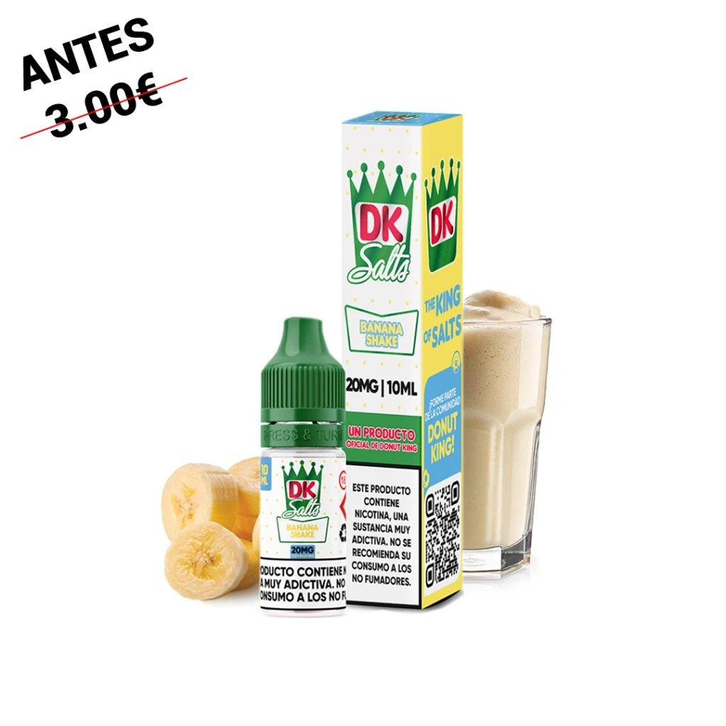 Frasco y caja de Donut King Salts Banana Shake, con indicación de 20 mg y 10 ml, junto a rodajas de plátano y un batido.