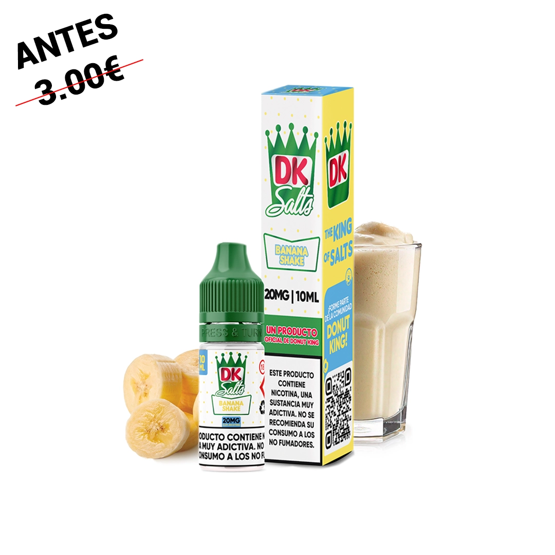 Frasco y caja de Donut King Salts Banana Shake, con indicación de 20 mg y 10 ml, junto a rodajas de plátano y un batido.