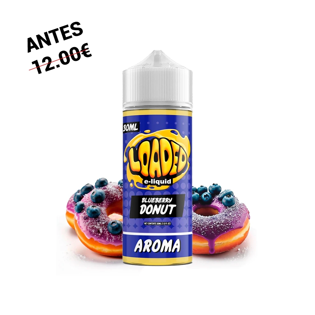 Bote de Loaded Blueberry Donut Longfill 30 ml con tapón blanco y etiqueta azul y amarilla, delante de donuts con glaseado morado y arándanos.