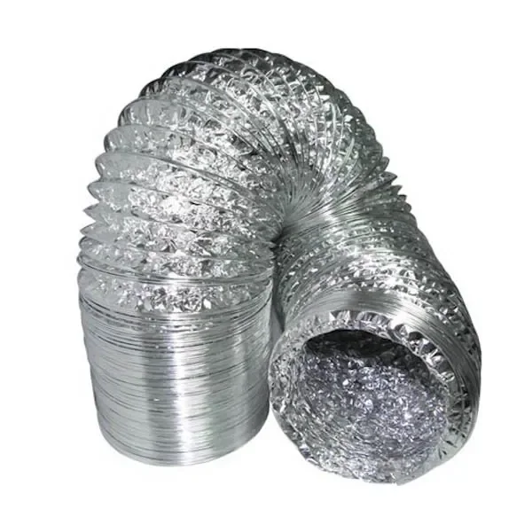 Tubo flexible de ventilación Aluconnec plateado, curvado, con superficie corrugada y una abertura circular orientada hacia el frente.