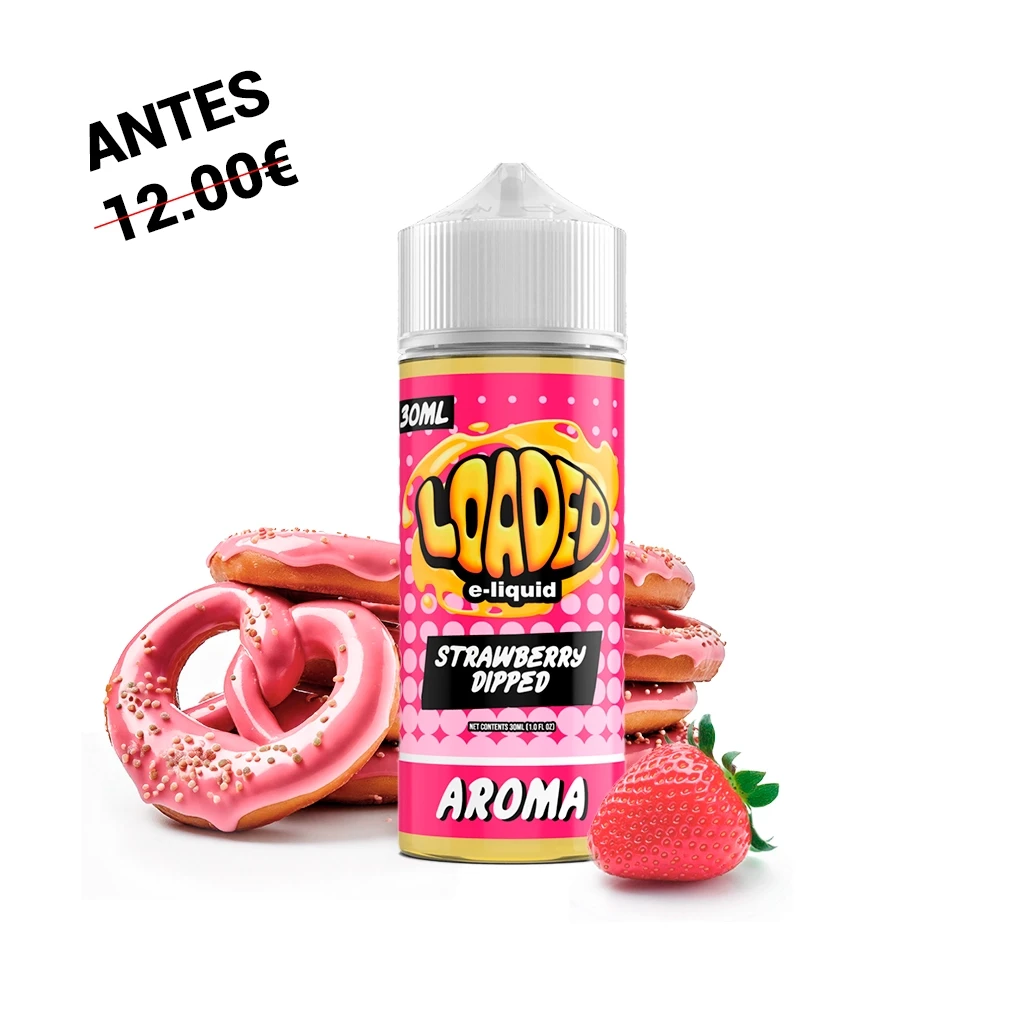 Bote Loaded Strawberry Dipped Longfill de 30 ml con etiqueta rosa y tapón blanco, rodeado de rosquillas con cobertura rosa y una fresa.