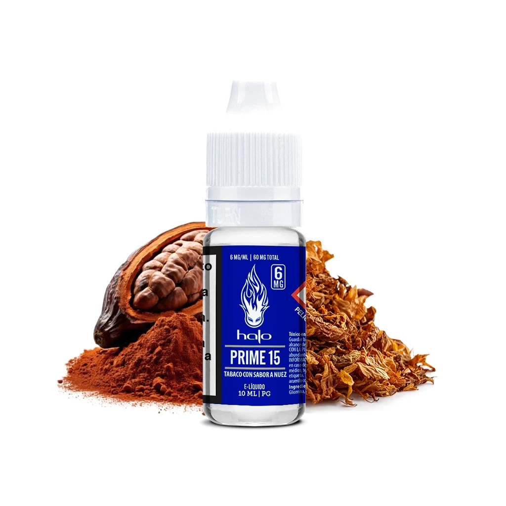 Frasco Halo Prime15 de 10 ml con etiqueta azul de 6 mg/ml y tapón blanco, delante de una mazorca de cacao, polvo marrón y hojas secas.