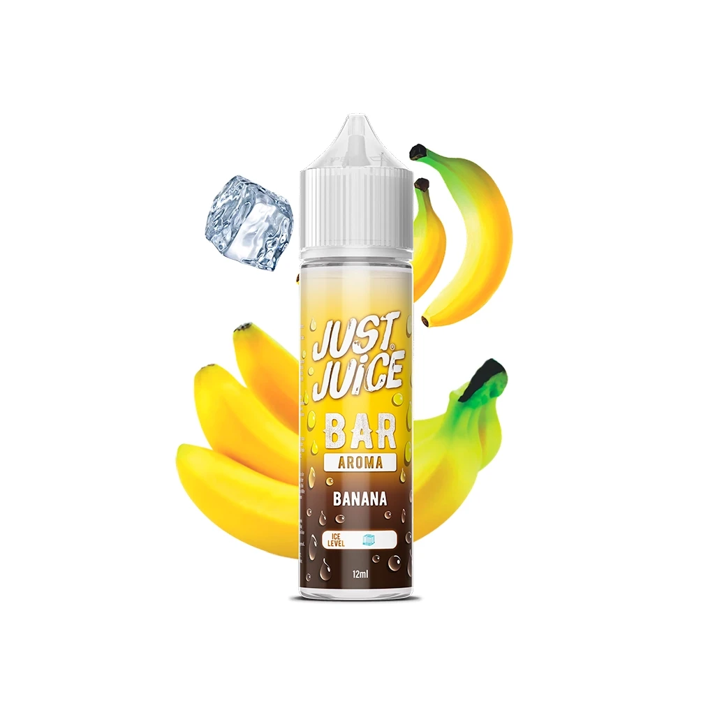 Frasco Just Juice Bar Banana de 12 ml con tapón blanco y etiqueta amarilla y marrón, rodeado de plátanos y un cubito de hielo.