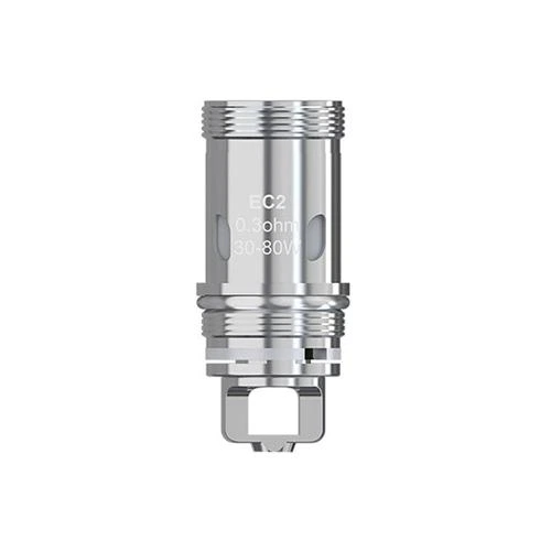Resistencia Eleaf EC2 plateada en vista frontal, con roscas, aberturas laterales e inscripción de 0,3 ohmios y 30–80 W.