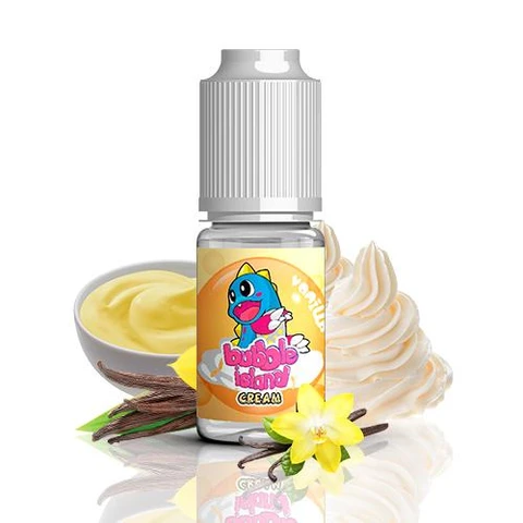 Frasco de aroma Vanilla N Cream Bubble Island con tapón blanco, junto a crema, vainas y una flor de vainilla sobre fondo blanco.