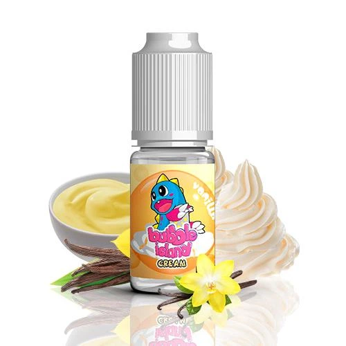 Frasco de aroma Vanilla N Cream Bubble Island con tapón blanco, junto a crema, vainas y una flor de vainilla sobre fondo blanco.