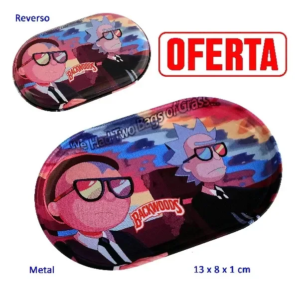 Bandeja Backwoods de bordes redondeados con personajes de dibujos animados y gafas de sol; se muestra también el reverso.
