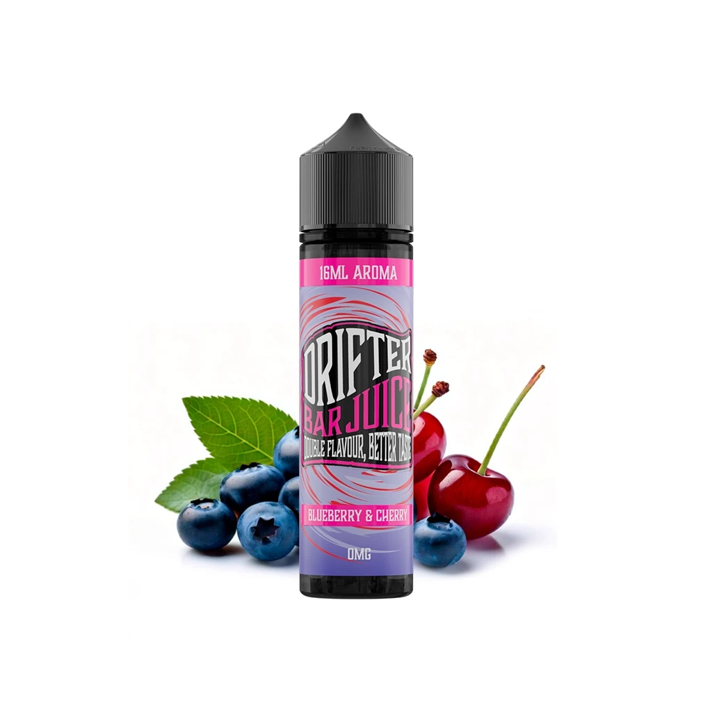 Botella Drifter Bar Blueberry Cherry Longfill con tapón negro y etiqueta rosa y lila de 16 ml, rodeada de arándanos y cerezas sobre fondo blanco.