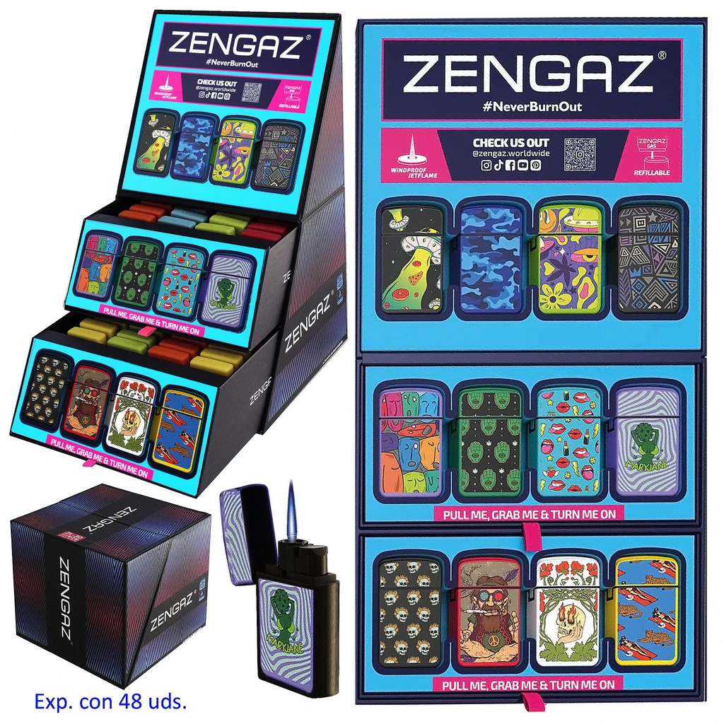 Expositor Zengaz con encendedores de distintos estampados, mostrado abierto y de frente, junto a una caja cerrada y un encendedor con llama azul.