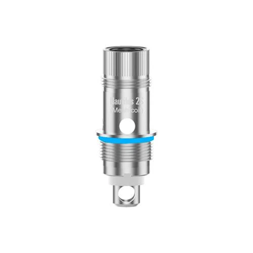 Resistencia Aspire Nautilus 2S de acabado plateado, con cuerpo cilíndrico, zonas roscadas, orificios laterales y una junta azul.