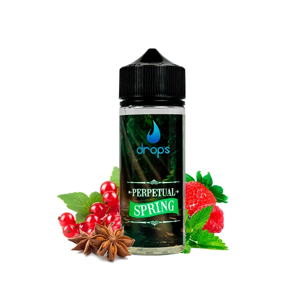 Frasco Drops Perpetual Spring con tapón negro, rodeado de frutos rojos, hojas verdes y anís estrellado sobre fondo blanco.