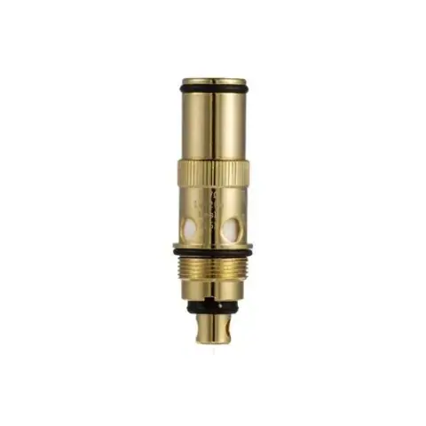 Resistencia Dotmod DotAIO dorada, en posición vertical, con juntas negras, zona roscada y aberturas laterales sobre fondo blanco.